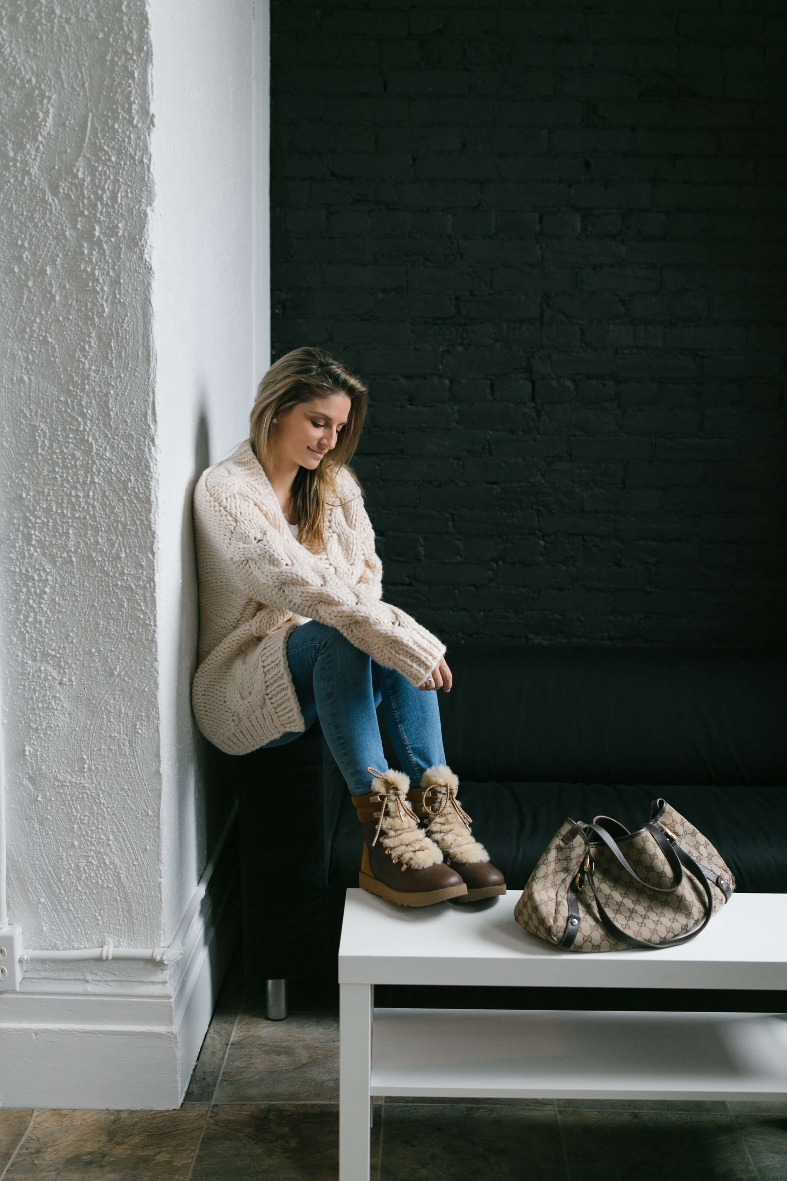 Cozy cable knit sweater, fuzzy winter boots; winter look sparkleshinylove