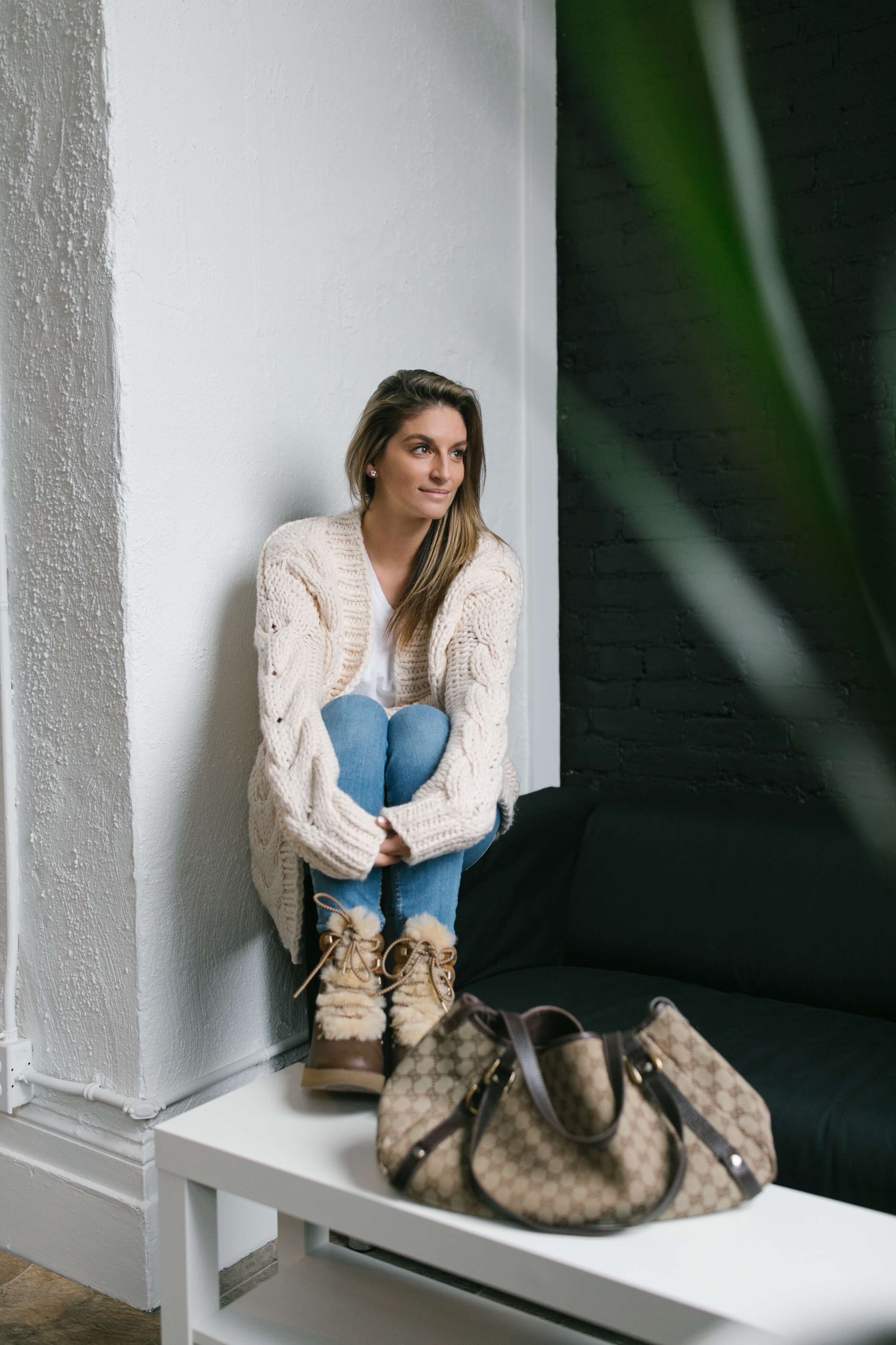 Cozy cable knit sweater, fuzzy winter boots; winter look sparkleshinylove