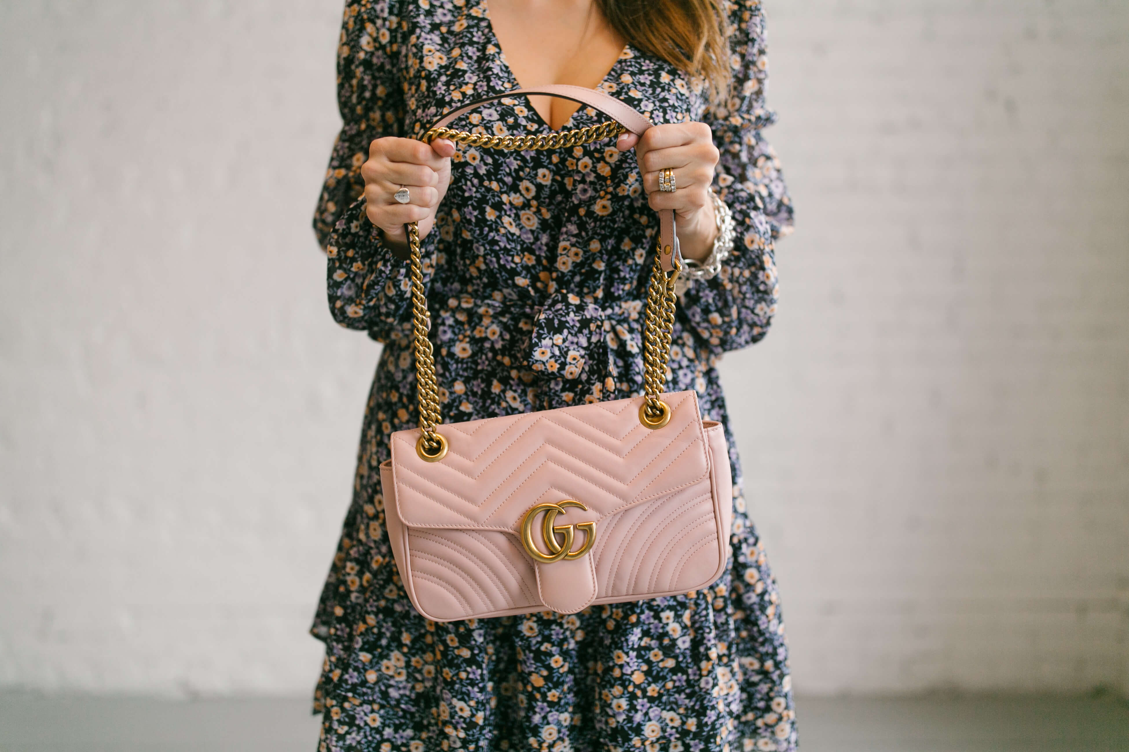 Dynamite Floral Long Sleeve dress, leather jacket, pink Gucci bag; spring style