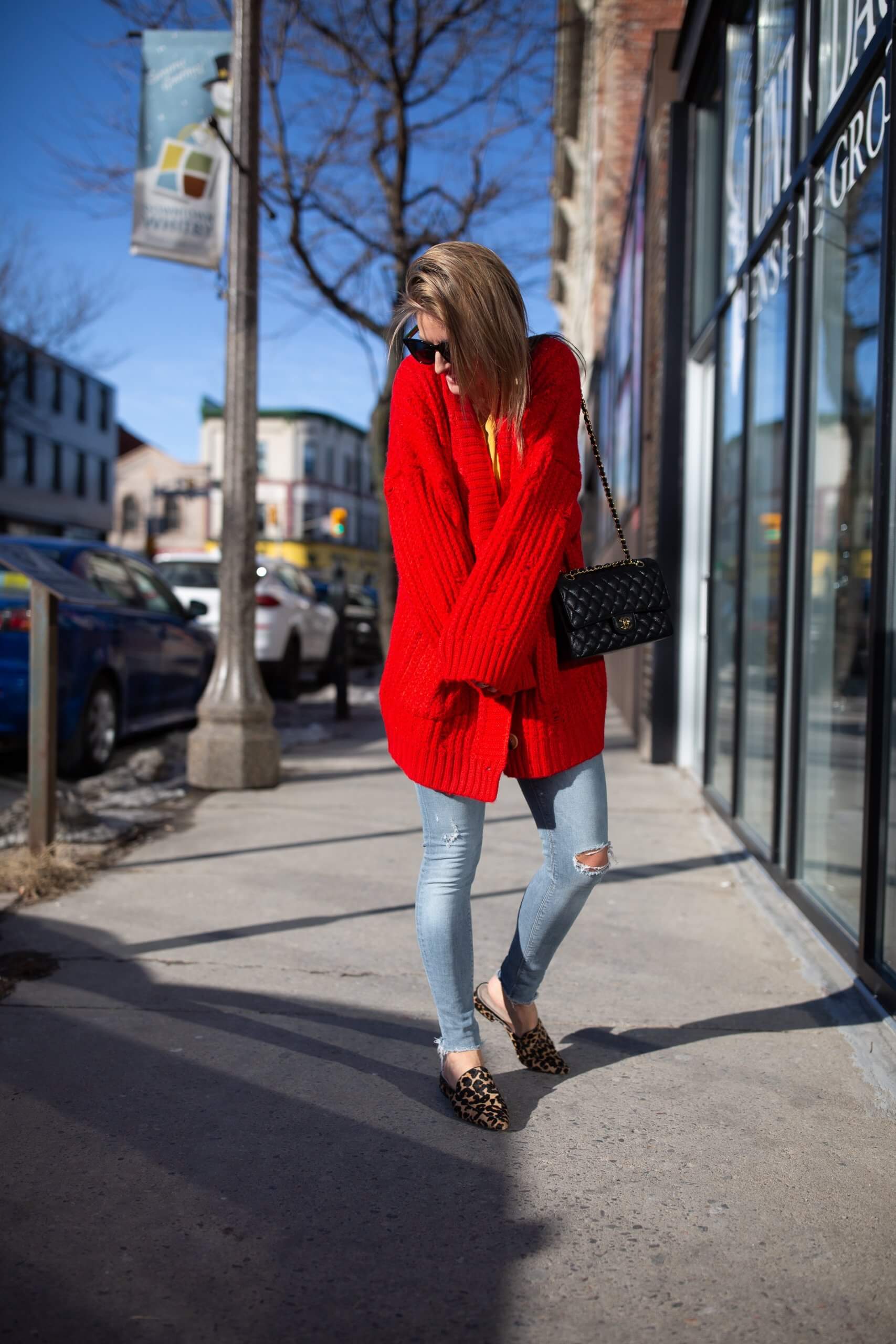Red oversized cardigan from Chicwish; cozy cardigan winter look; mandy furnis sparkleshinylove