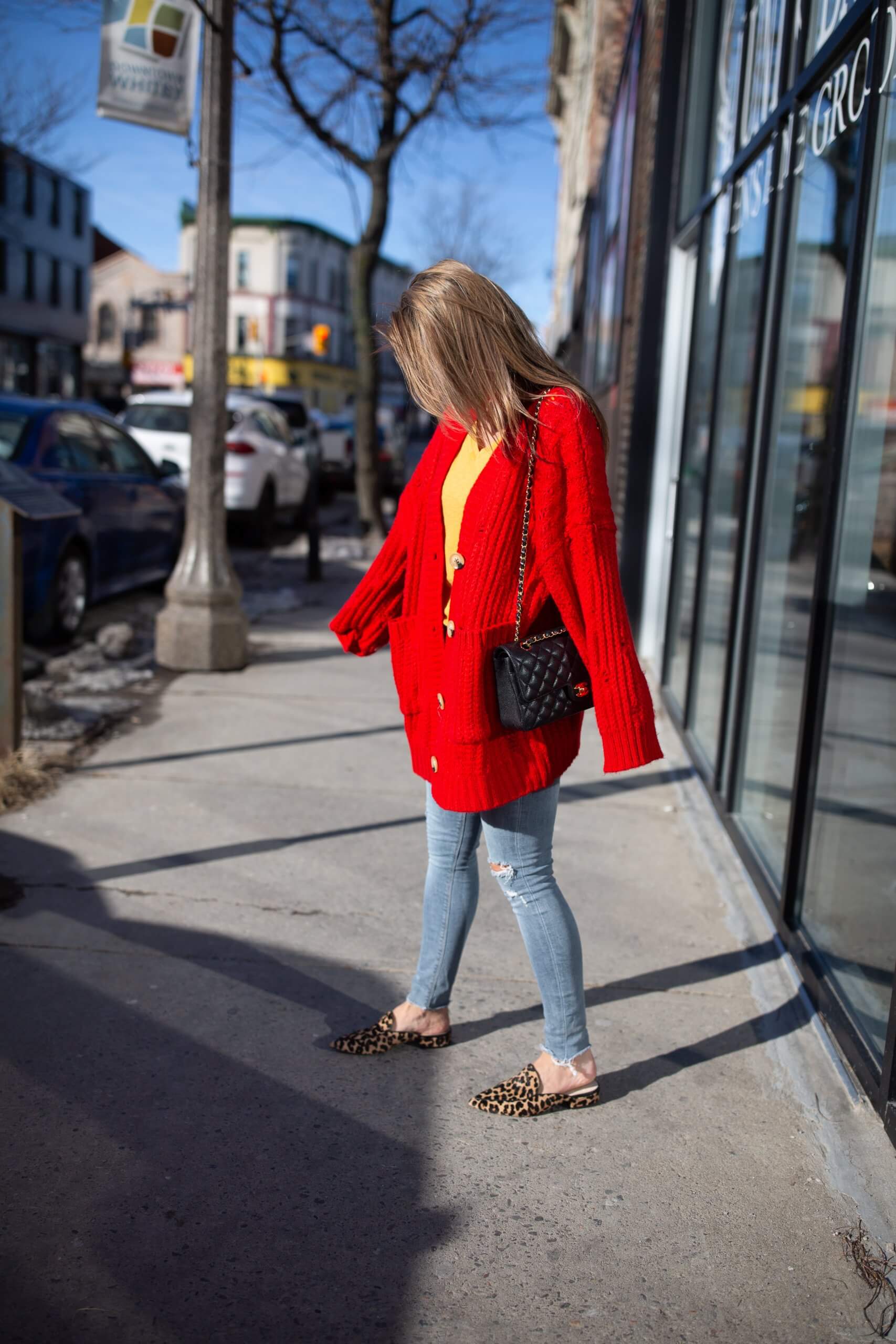 Red oversized cardigan from Chicwish; cozy cardigan winter look; mandy furnis sparkleshinylove