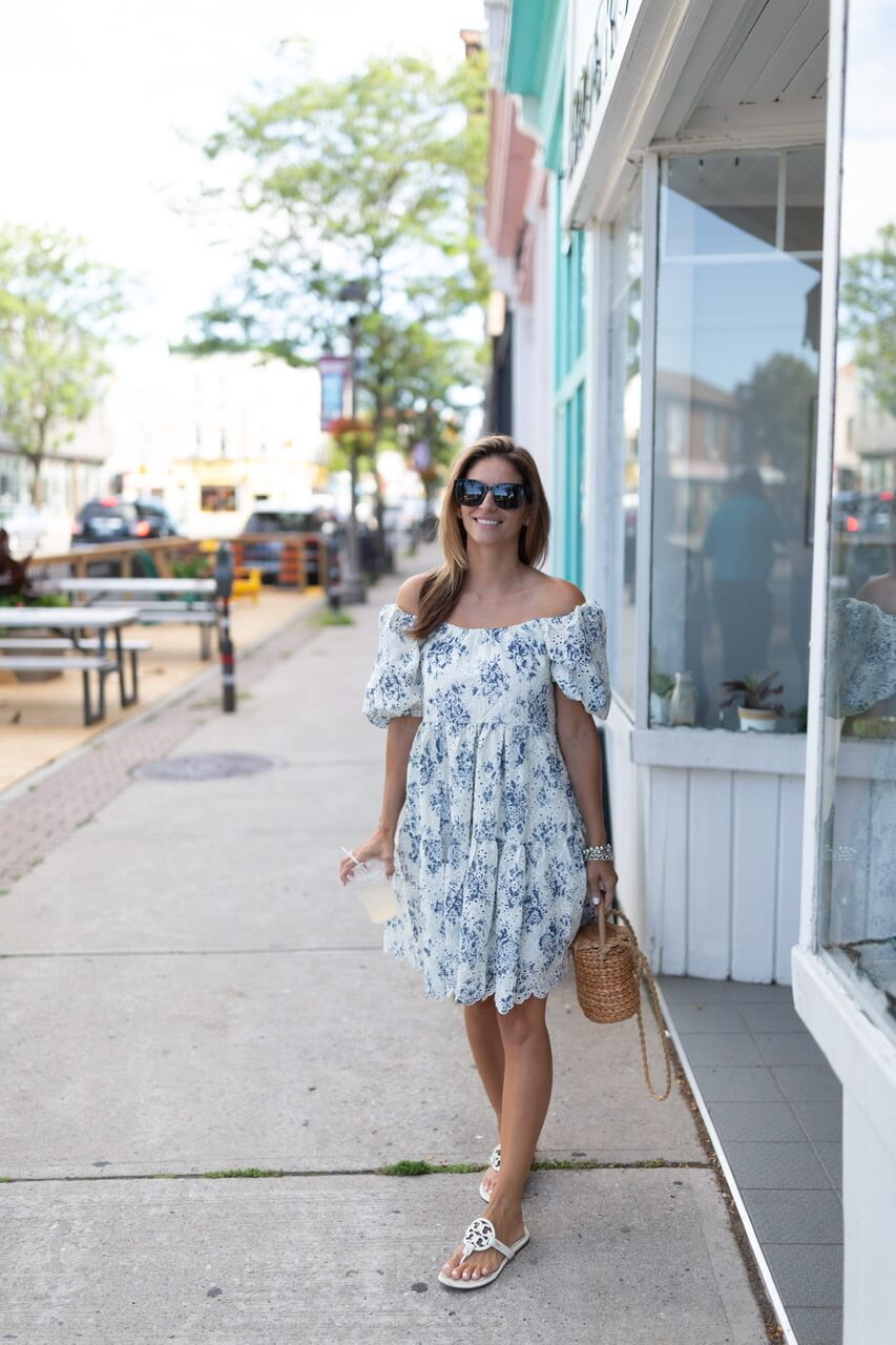 Floral off the shoulder dress from Chicwish; tory burch miller sandals; whitby blogger sparkleshinylove