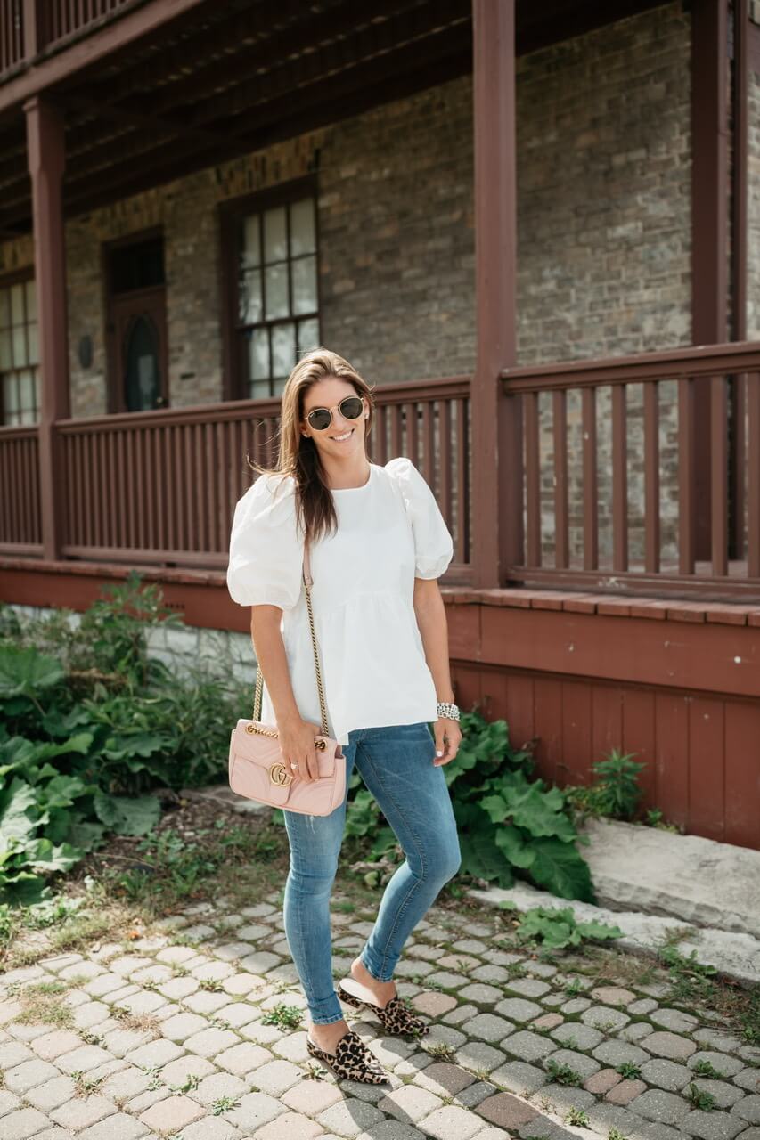 Puff Sleeve Top from Aritzia; leopard loafers; pink gucci bag; mandy furnis sparkleshinylove