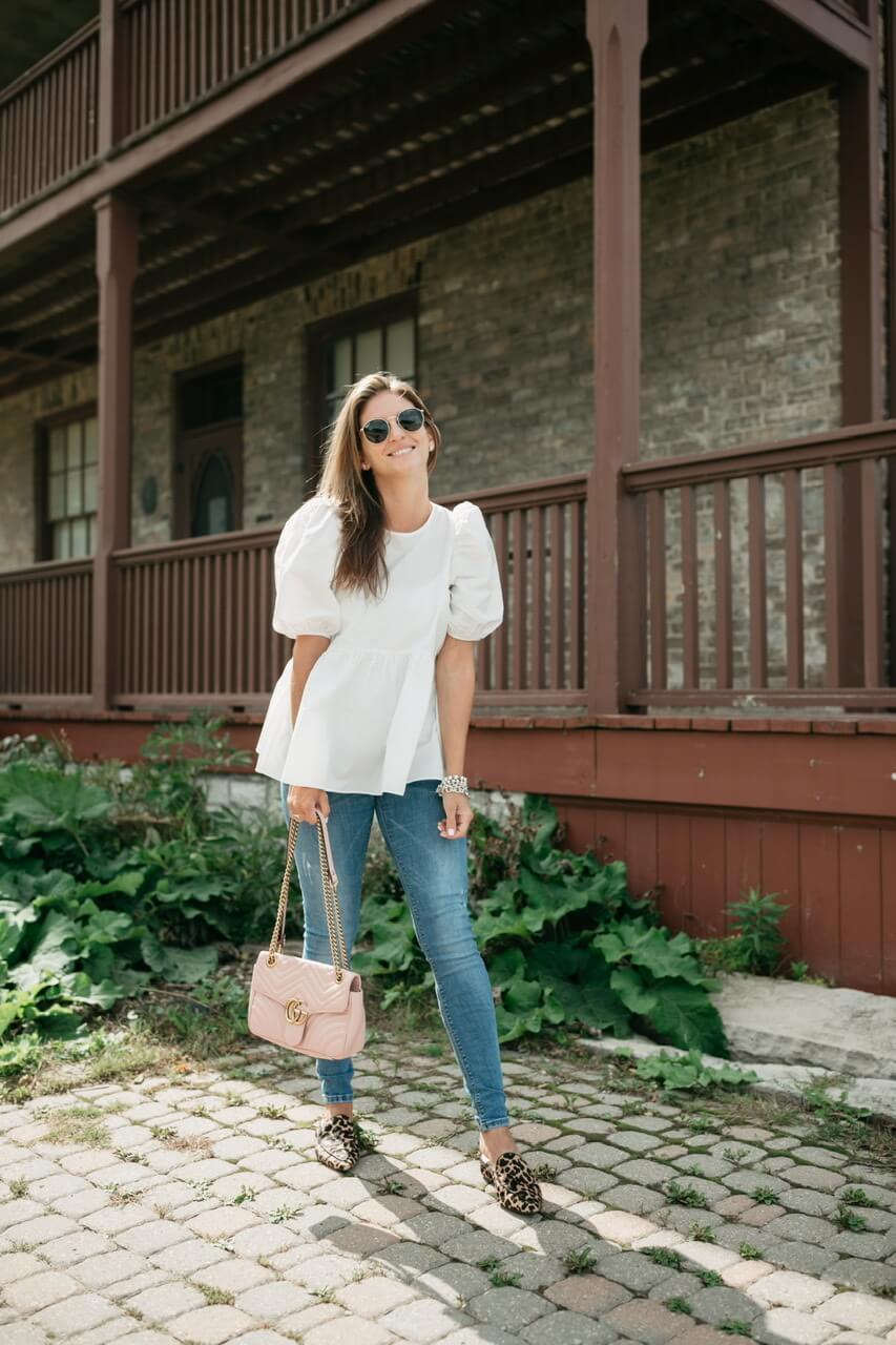 Puff Sleeve Top from Aritzia; leopard loafers; pink gucci bag; mandy furnis sparkleshinylove