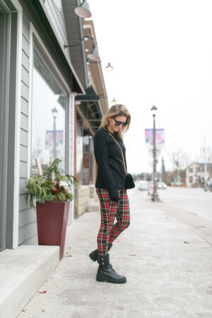 Christmas outfit; Christmas look; plaid pants; combat boots; mandy furnis sparkleshinylove