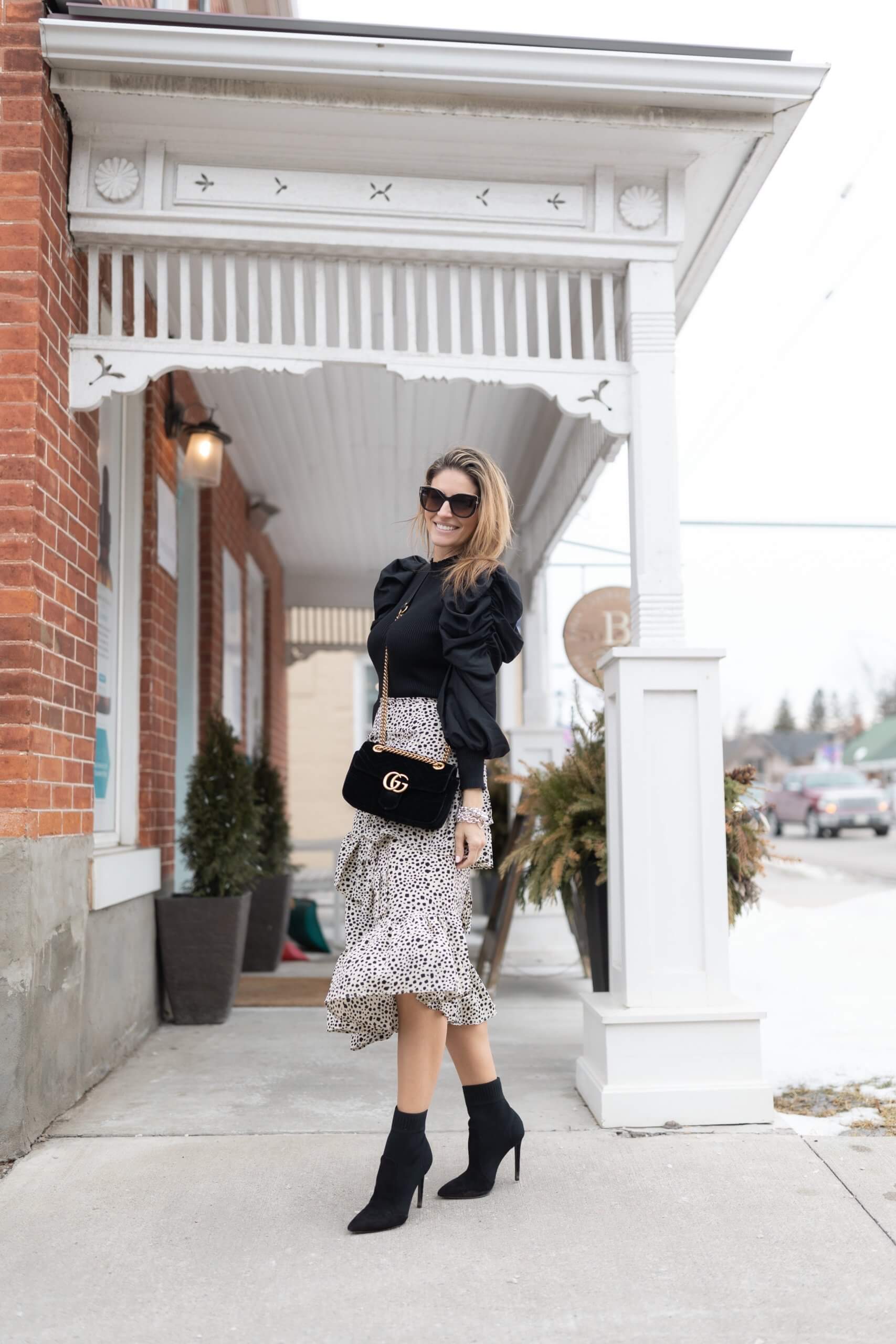 Sweater with fancy puff sleeves, frilly maxi skirt, Gucci suede marmont bag; winter style; sparkleshinylove; sunglasses from Inspired by Rossland Optical