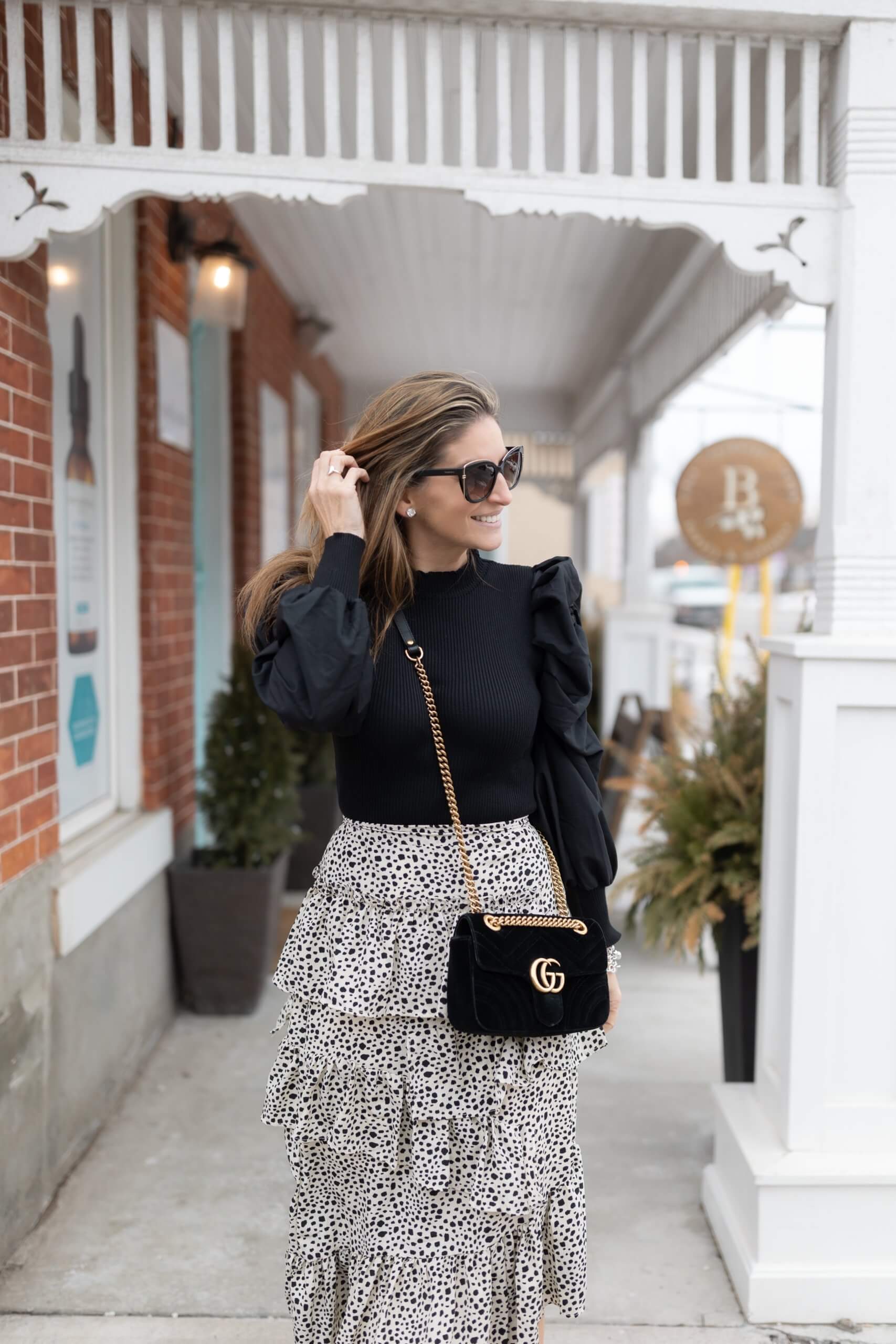 Sweater with fancy puff sleeves, frilly maxi skirt, Gucci suede marmont bag; winter style; sparkleshinylove; sunglasses from Inspired by Rossland Optical