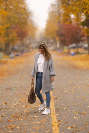 Weekend look; easy weekend outfit; cozy grey cardigan; louis vuitton neverfull; fendi flow sneakers styled; chicwish grey cozy sweater