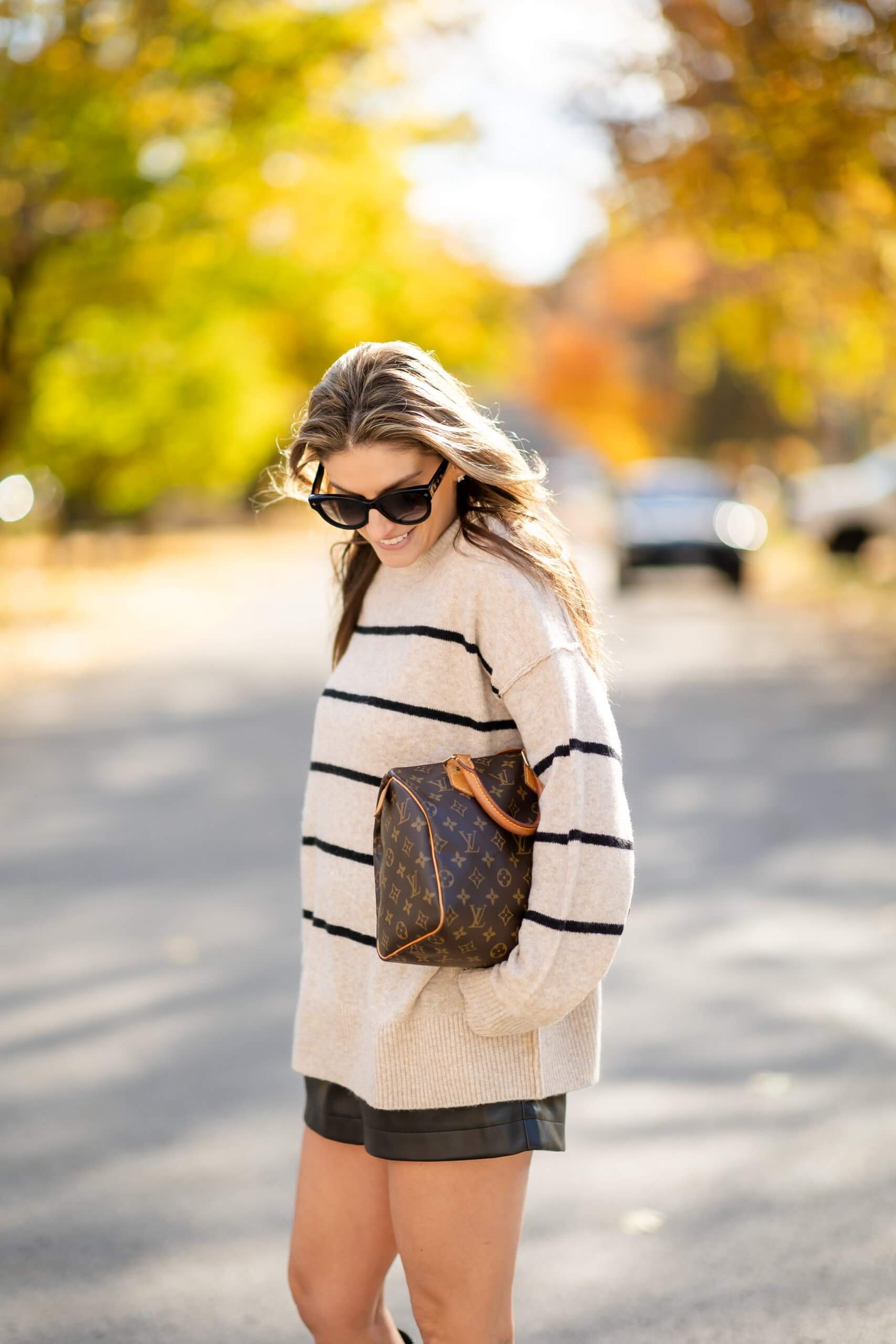 fall style; fall outfit ideas; fall looks; fall street style; leather shorts; aerie striped sweater; dynamite leather shorts; mandy furnis sparkleshinylove; durham region blogger; whitby blogger