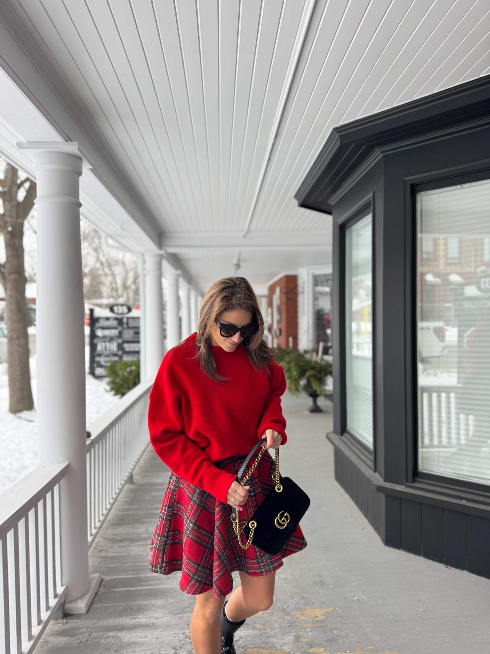 Holiday look; plaid skirt and red sweater for Christmas; Christmas look; holiday outfit