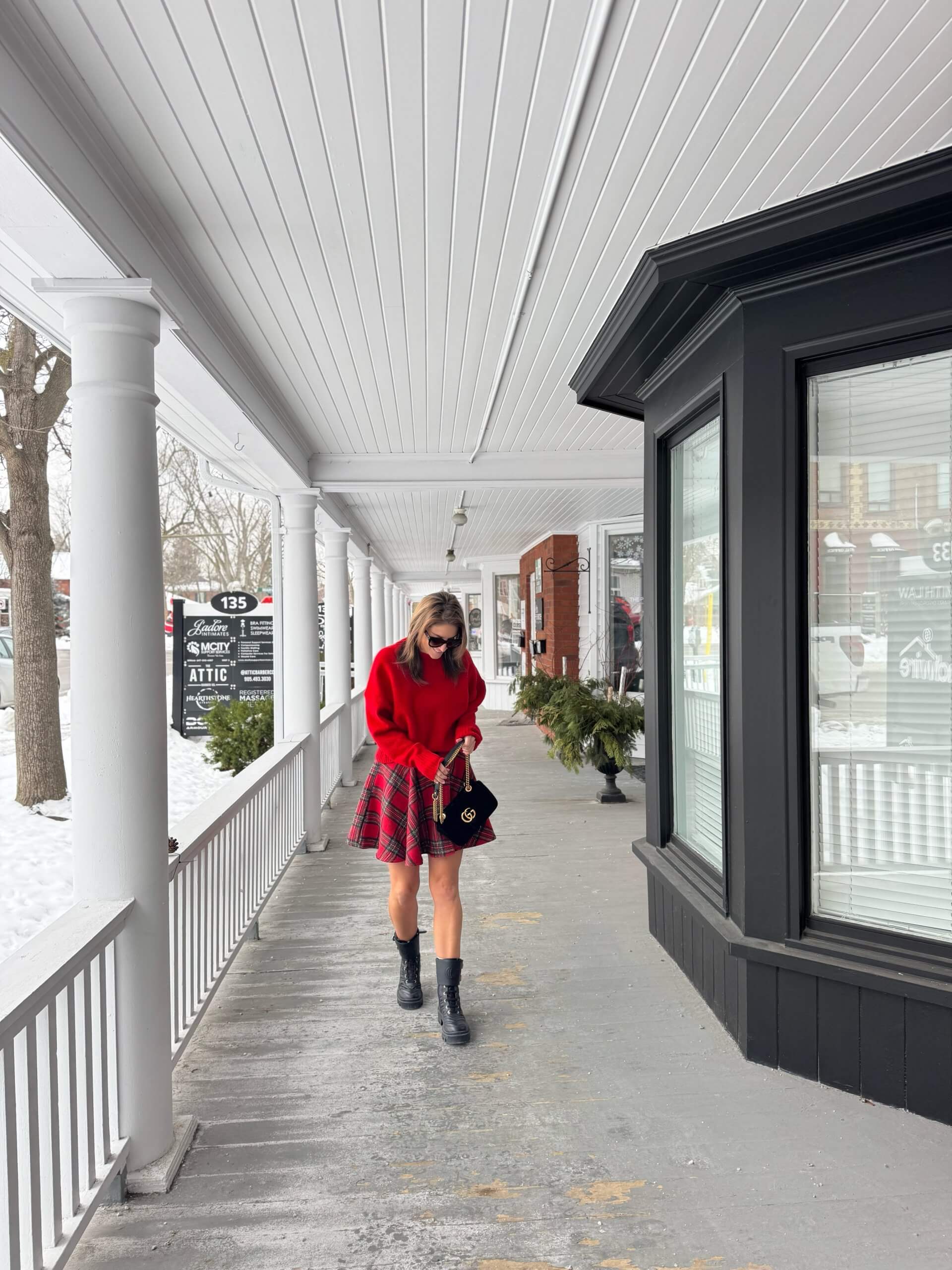 Holiday look; plaid skirt and red sweater for Christmas; Christmas look; holiday outfit