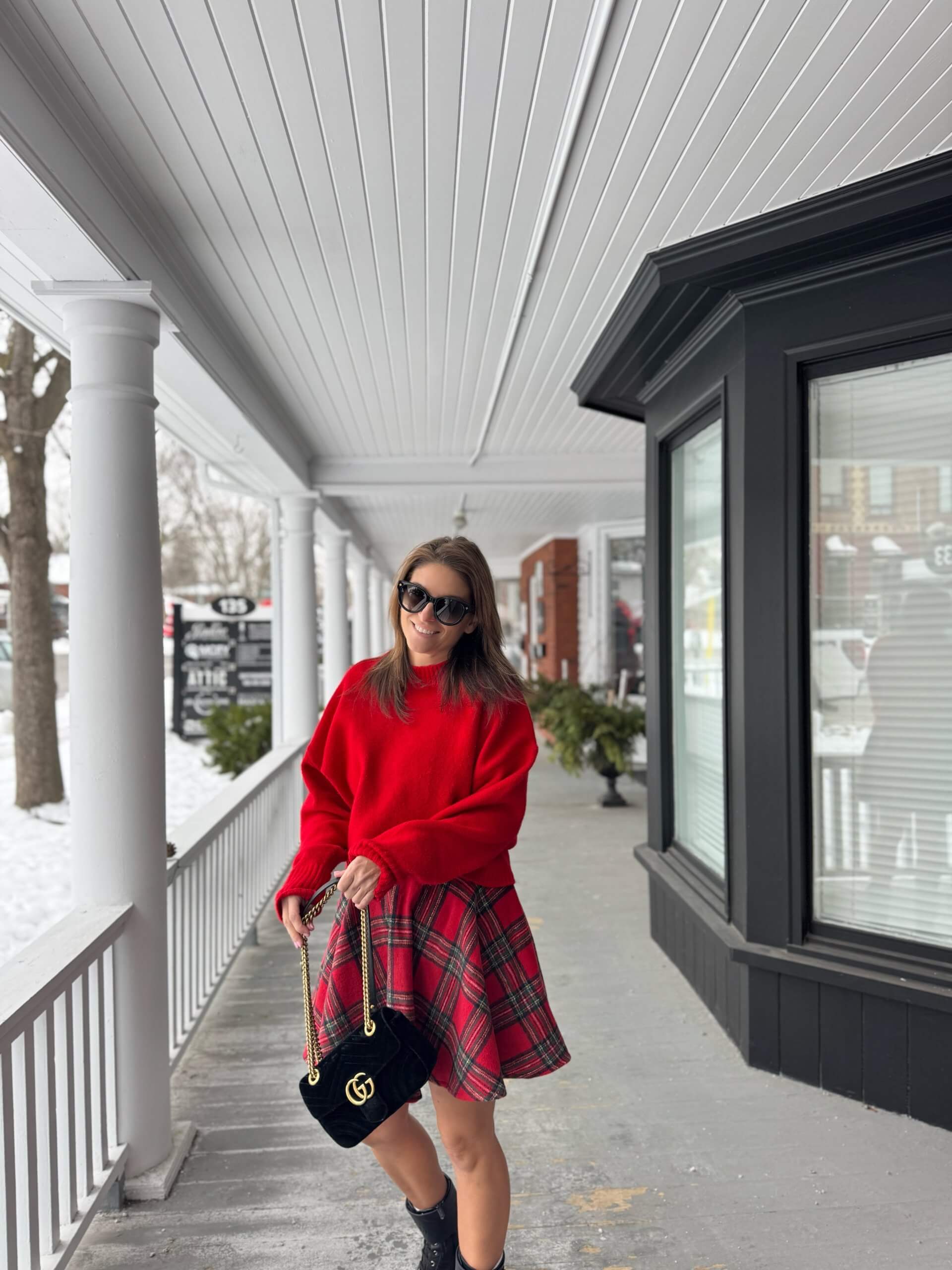 Holiday look; plaid skirt and red sweater for Christmas; Christmas look; holiday outfit