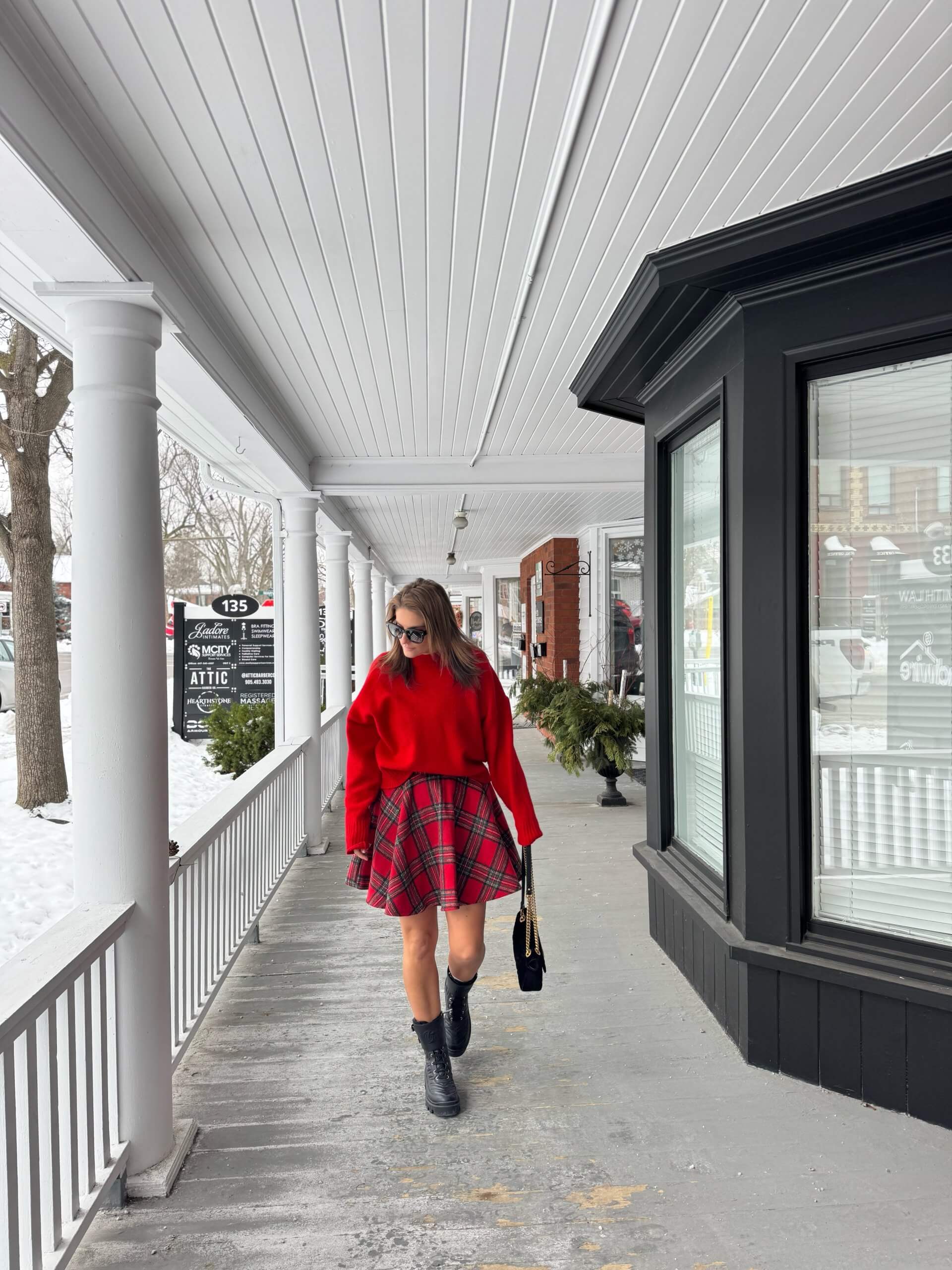 Holiday look; plaid skirt and red sweater for Christmas; Christmas look; holiday outfit
