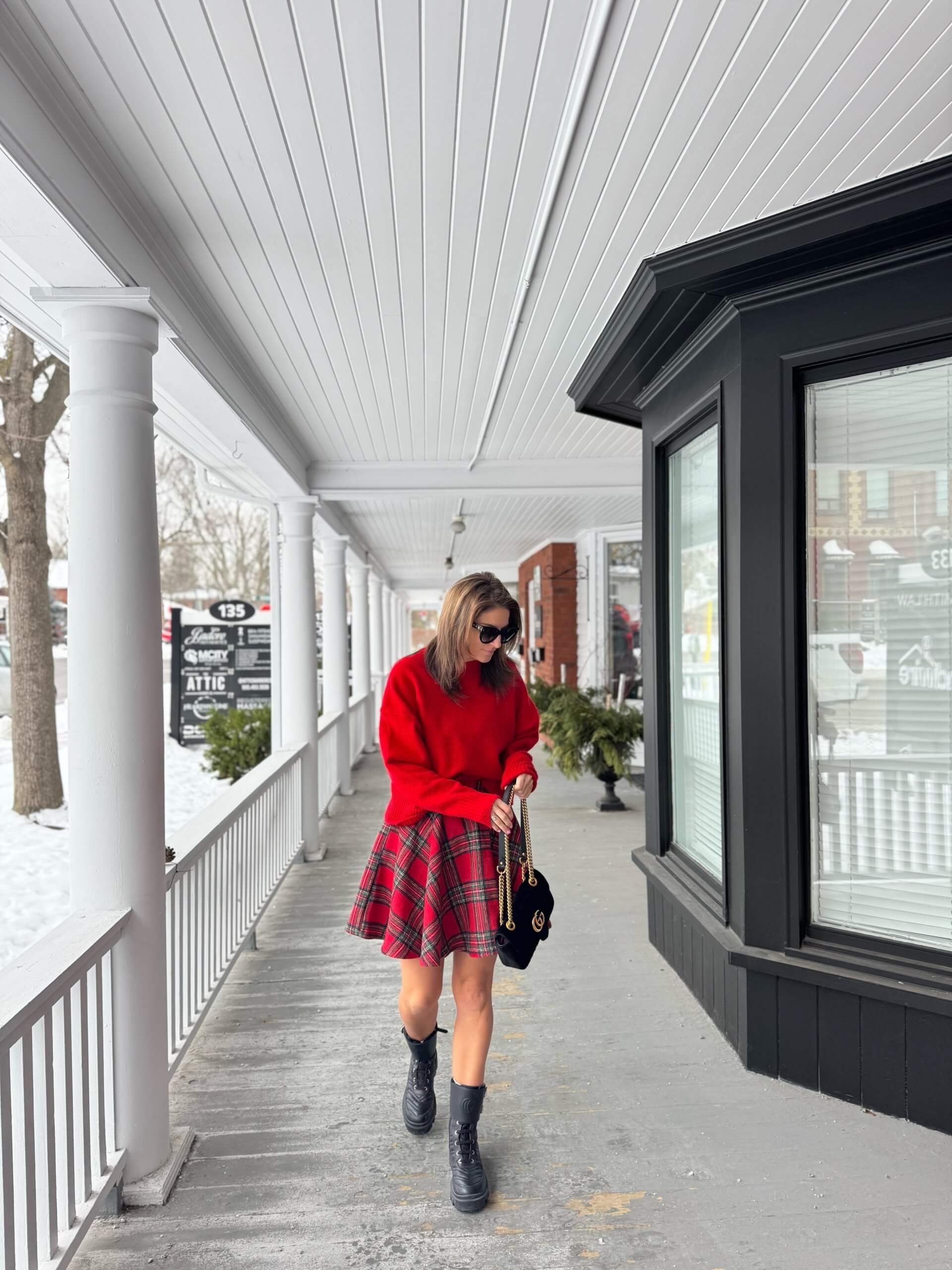 Holiday look; plaid skirt and red sweater for Christmas; Christmas look; holiday outfit