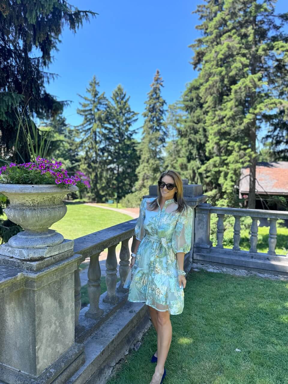 Floral Jacquard Puff Sleeves Organza Buttoned Belted Dolly Dress in Baby Blue chicwish; chicwish dress; summer dress; sparkleshinylove mandy furnis durham region blog