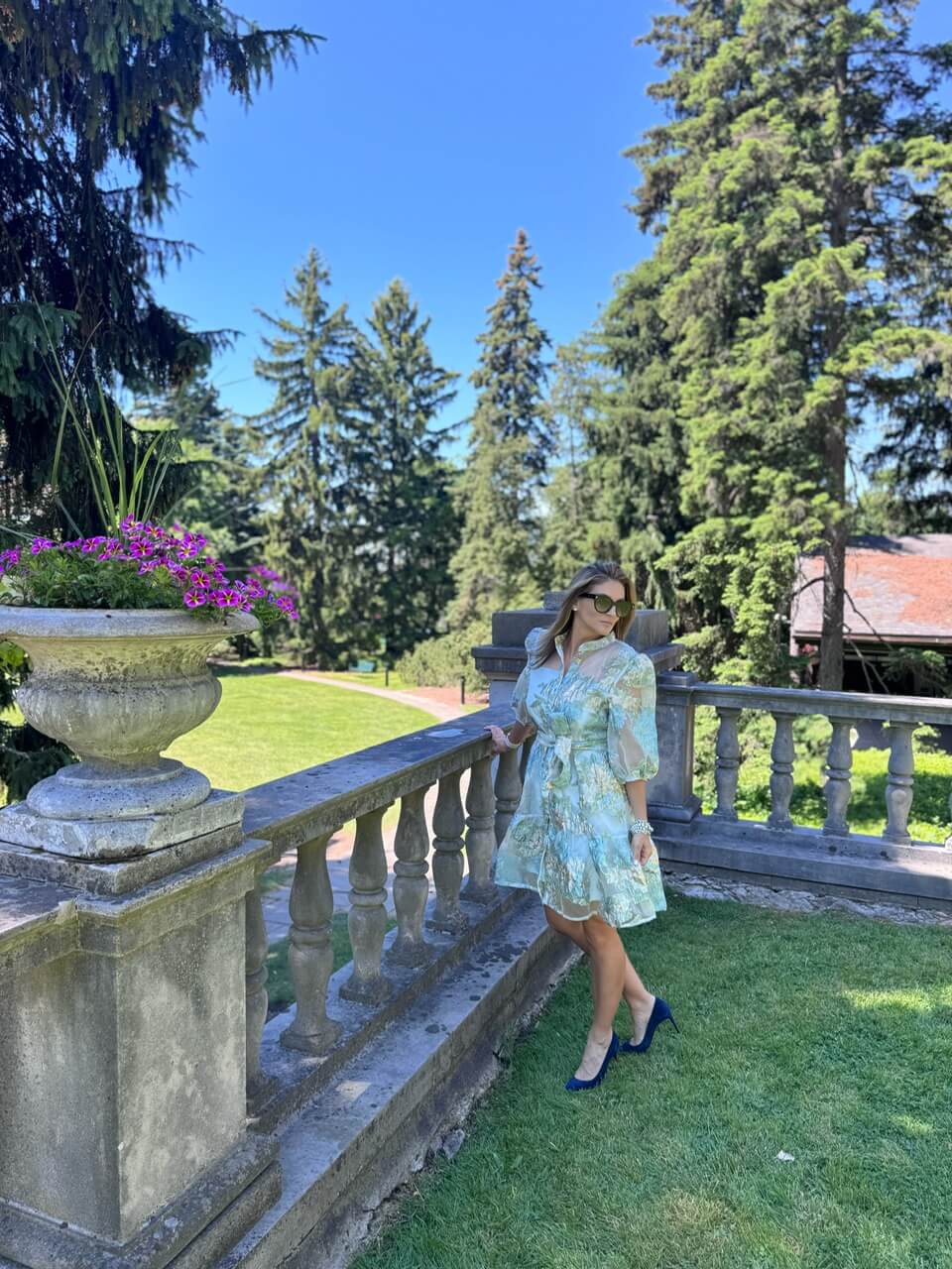 Floral Jacquard Puff Sleeves Organza Buttoned Belted Dolly Dress in Baby Blue chicwish; chicwish dress; summer dress; sparkleshinylove mandy furnis durham region blog