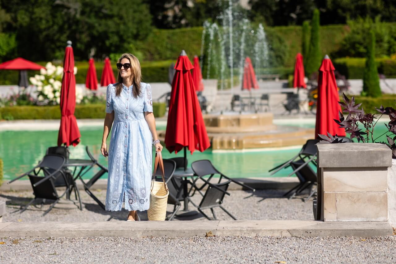 Blue dress from chicwish; Floral Cutwork Embroidery Pearl Belt Midi Dress in Blue; mandy furnis sparkleshinylove; Mandy Coe sparkleshinylove