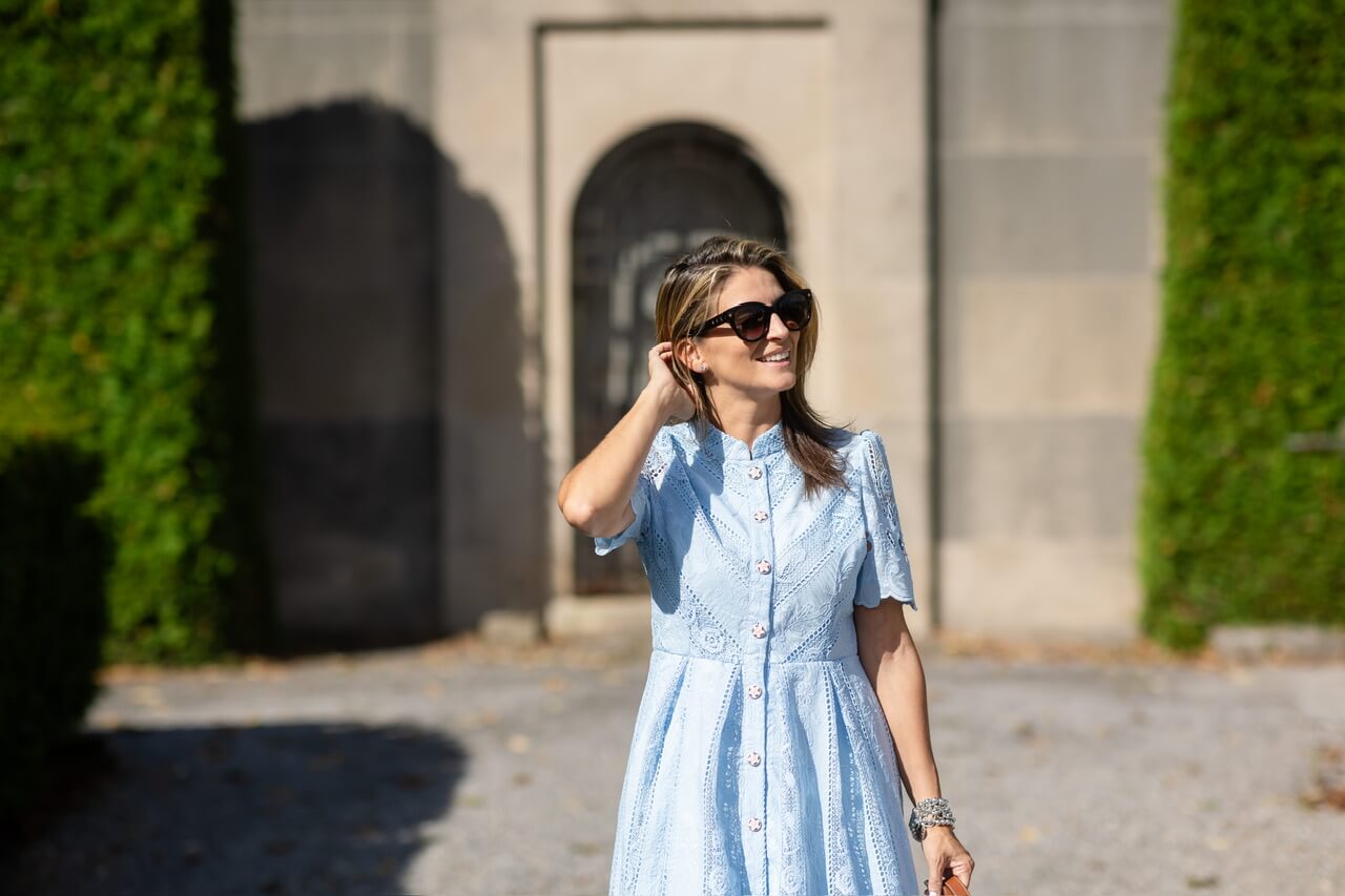 Blue dress from chicwish; Floral Cutwork Embroidery Pearl Belt Midi Dress in Blue; mandy furnis sparkleshinylove; Mandy Coe sparkleshinylove