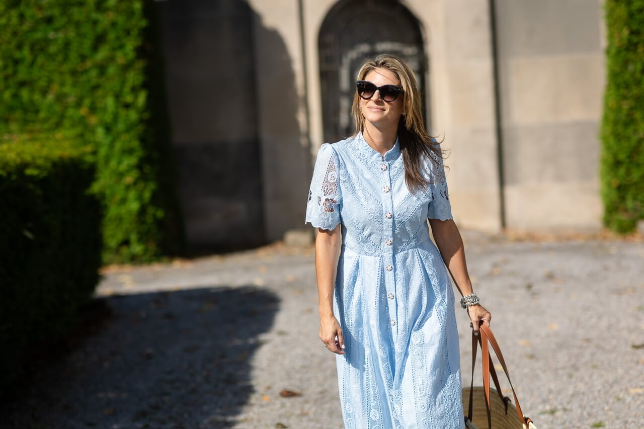 Blue dress from chicwish; Floral Cutwork Embroidery Pearl Belt Midi Dress in Blue; mandy furnis sparkleshinylove; mandy coe sparkleshinylove