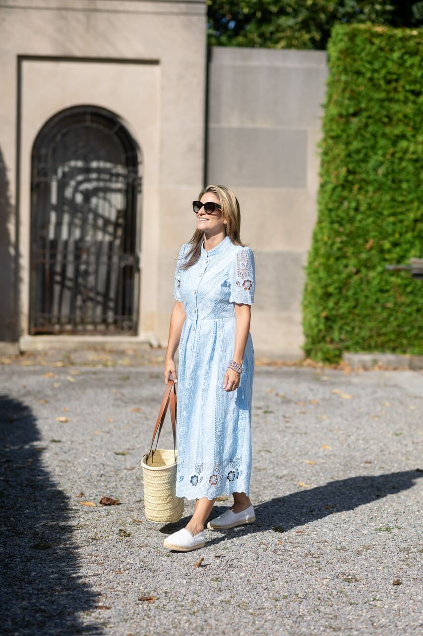 Blue dress from chicwish; Floral Cutwork Embroidery Pearl Belt Midi Dress in Blue; mandy furnis sparkleshinylove; Mandy Coe sparkleshinylove