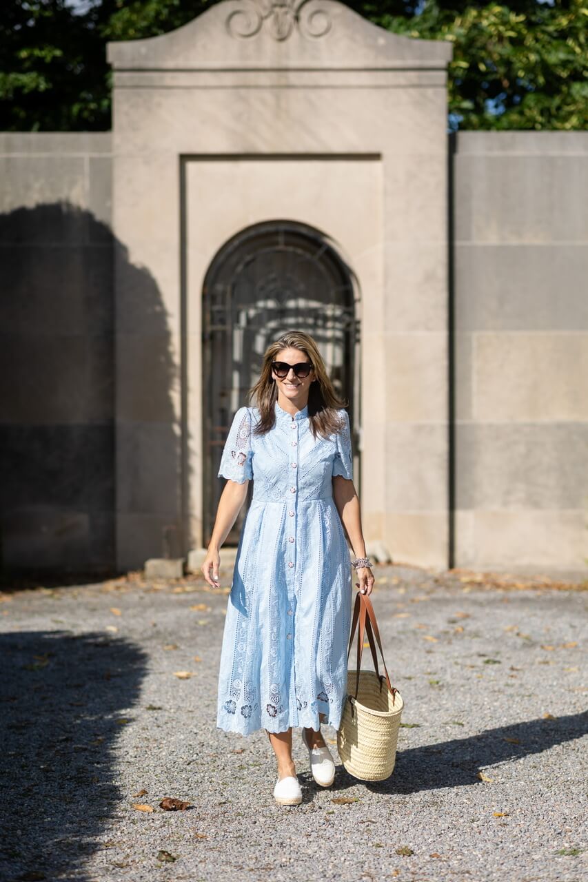Blue dress from chicwish; Floral Cutwork Embroidery Pearl Belt Midi Dress in Blue; mandy furnis sparkleshinylove; Mandy Coe sparkleshinylove