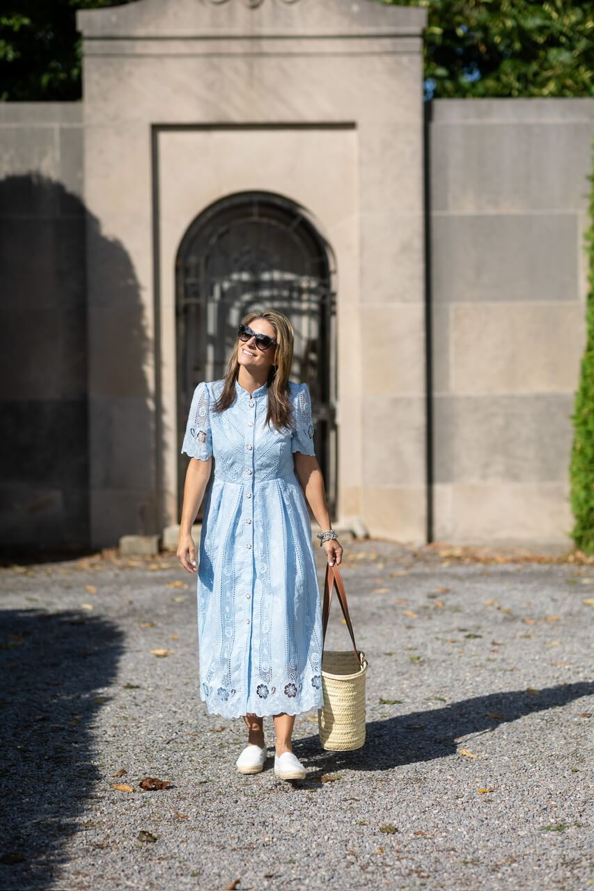Blue dress from chicwish; Floral Cutwork Embroidery Pearl Belt Midi Dress in Blue; mandy furnis sparkleshinylove; Mandy Coe sparkleshinylove