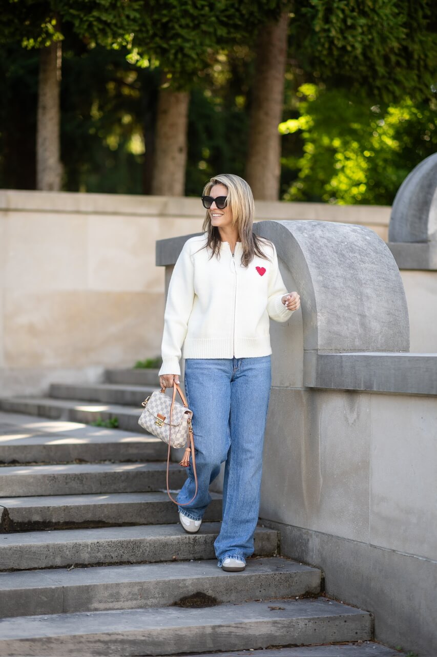 Heart Embellished Zip-Up Crew Neck Knit Cardigan in Cream; fall style; chicwish heart sweater; mandy furnis sparkleshinylove