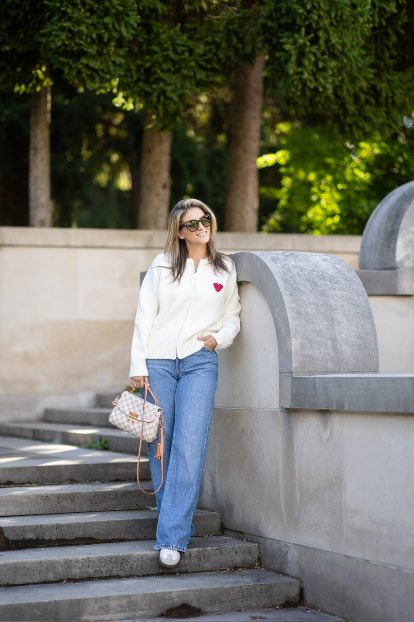 Heart Embellished Zip-Up Crew Neck Knit Cardigan in Cream; fall style; chicwish heart sweater; mandy furnis sparkleshinylove